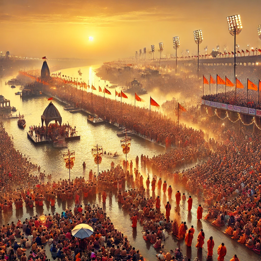 DALL·E 2025-02-24 10.46.35 - A grand scene of Maha Kumbh 2025, showing millions of devotees gathered at the riverbank for the holy dip. The atmosphere is spiritual, with sadhus in