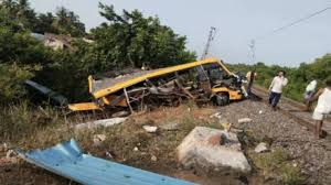 Cuddalore train accident scene with mangled school van