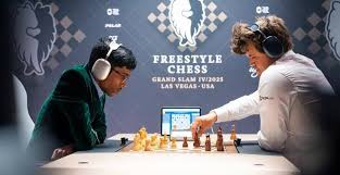 Praggnanandhaa vs Magnus Carlsen during Las Vegas Freestyle Chess match