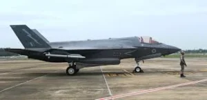 British Royal Navy F-35B fighter jet parked inside Kerala airport hangar
